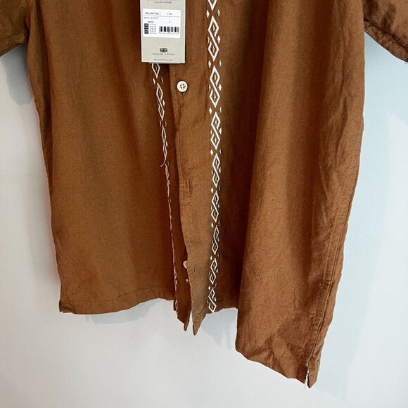 Folk Men's Maze Short Sleeve Chain Stitch Embroidery Shirt LARGE Tan Linen Blend - Picture 5 of 10